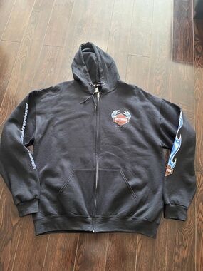 Harley-Davidson Black Hoodie with Blue Flame Sleeve Accents